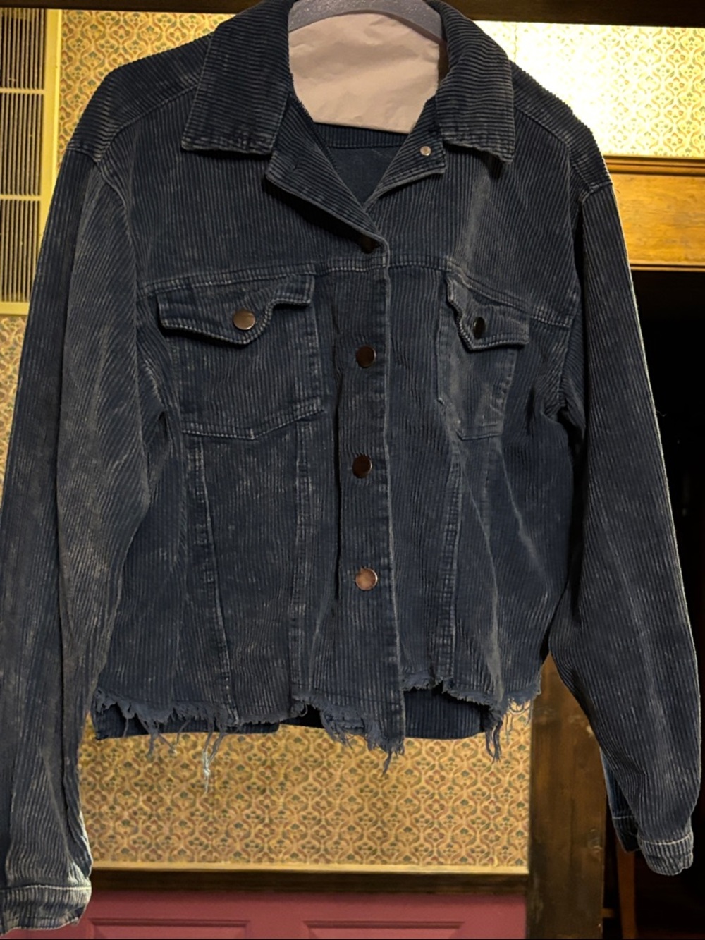 Womens Distressed Navy Corduroy Button-Up Jacket